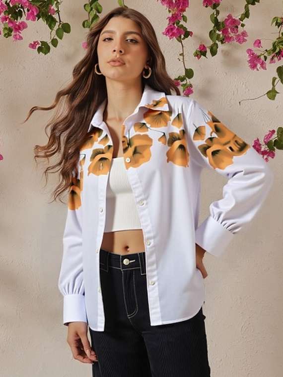 women floral print long sleeve collared shirt