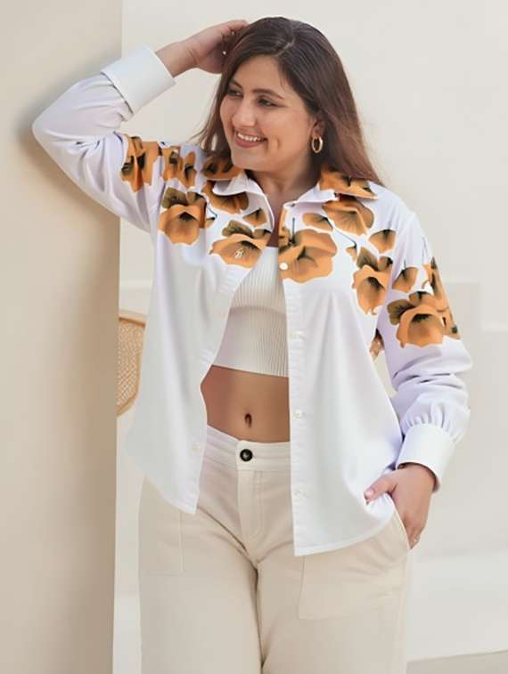 women floral print long sleeve collared shirt