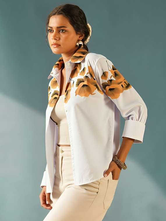 women floral print long sleeve collared shirt