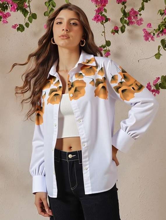 women floral print long sleeve collared shirt