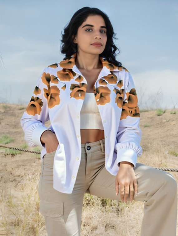 women floral print long sleeve collared shirt