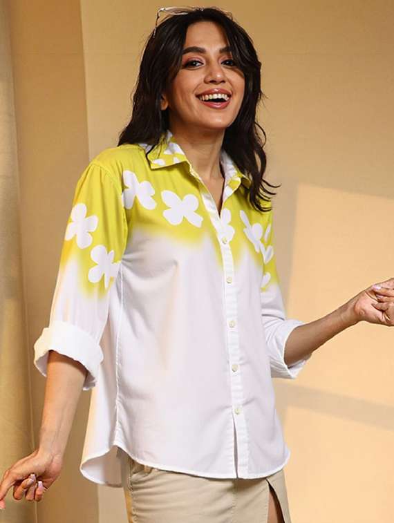 women floral print long sleeve collared shirt