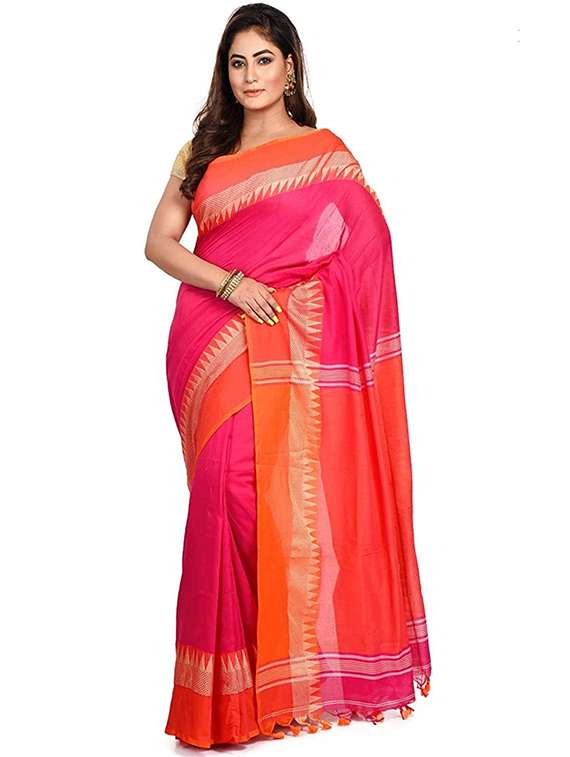 women solid with bordered handloom saree with blouse