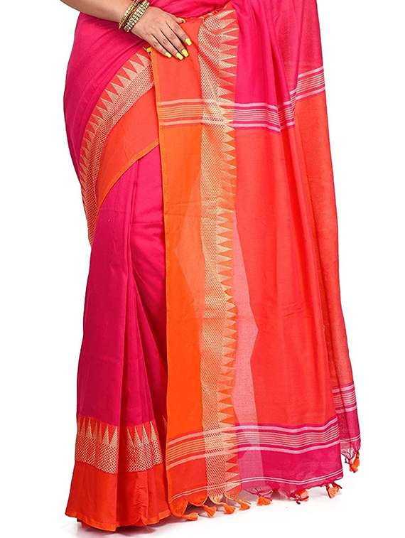 women solid with bordered handloom saree with blouse - 22081686 -  Standard Image - 3