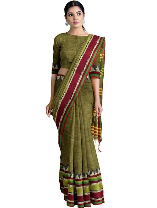 women solid with bordered handloom saree with blouse - 22081733 -  Standard Image - 0