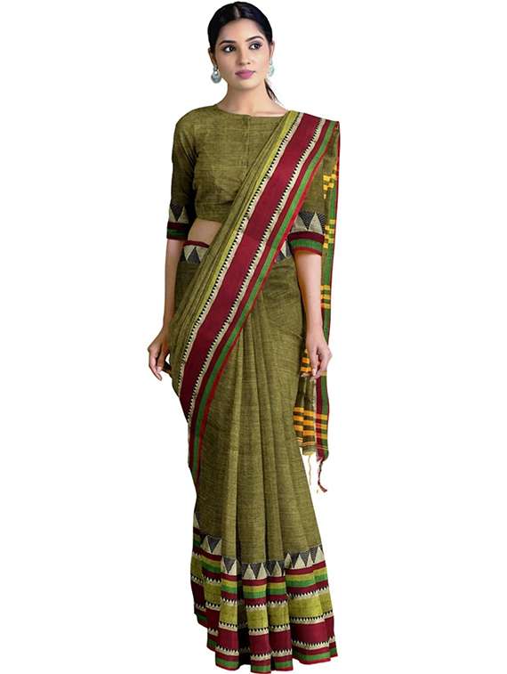 women solid with bordered handloom saree with blouse