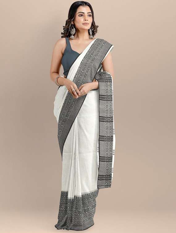 women solid with bordered handloom saree with blouse