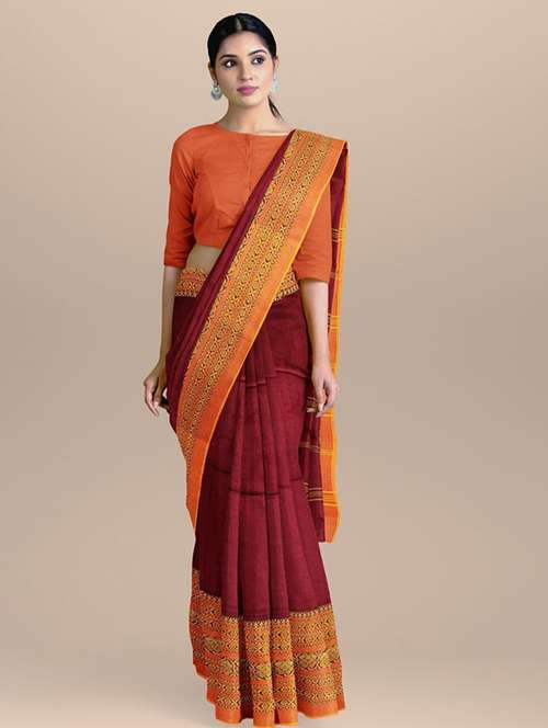 women solid with bordered handloom saree with blouse - 22081843 -  Standard Image - 0