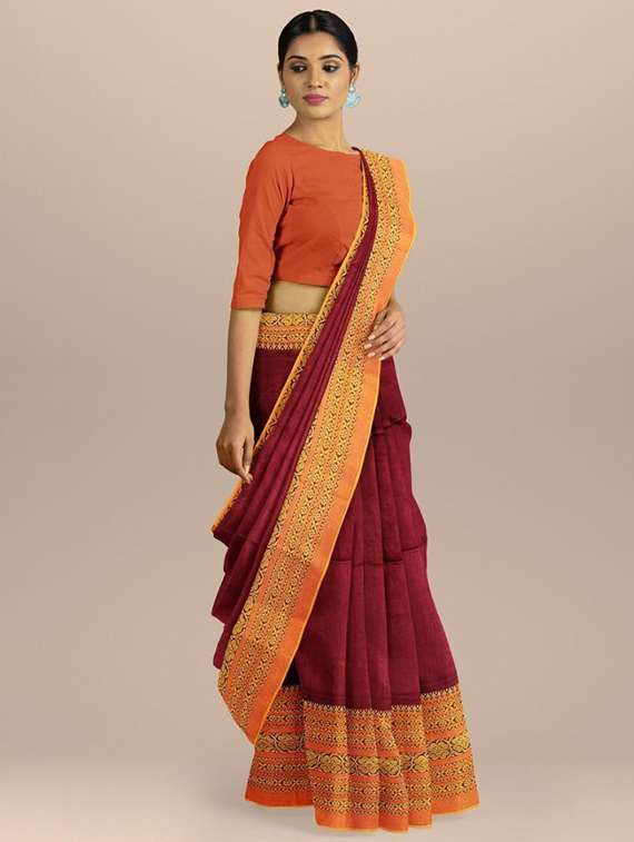 women solid with bordered handloom saree with blouse - 22081843 -  Standard Image - 3