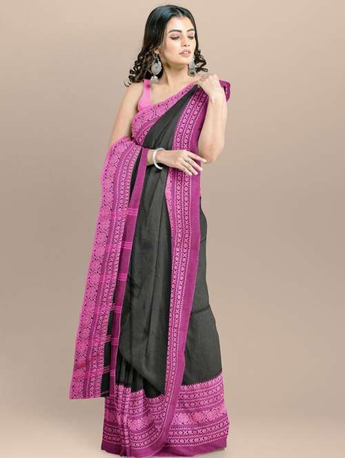 women solid with bordered handloom saree with blouse - 22081897 -  Standard Image - 0
