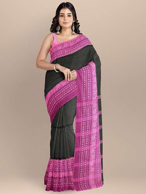 women solid with bordered handloom saree with blouse - 22081918 - Standard Image - 0