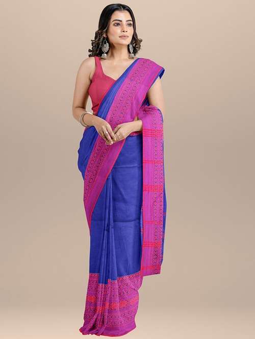 women solid with bordered handloom saree with blouse - 22081926 - Standard Image - 0