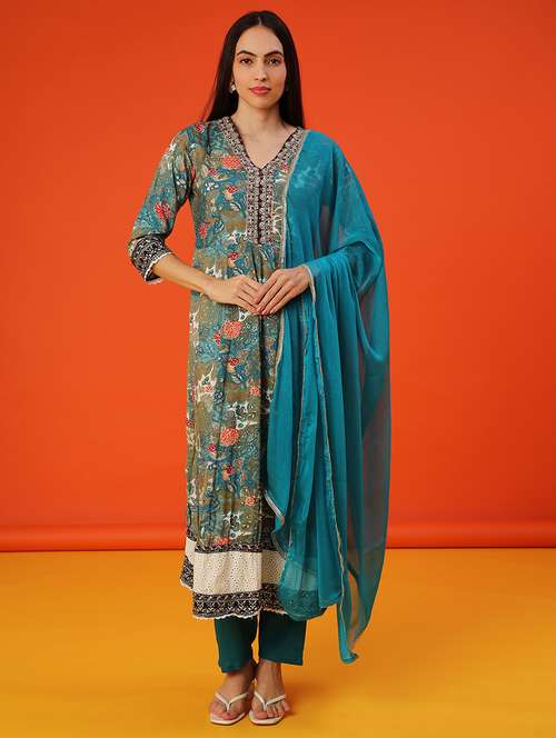 women three quarter sleeve kurta and pant with dupatta - 22082137 -  Standard Image - 0