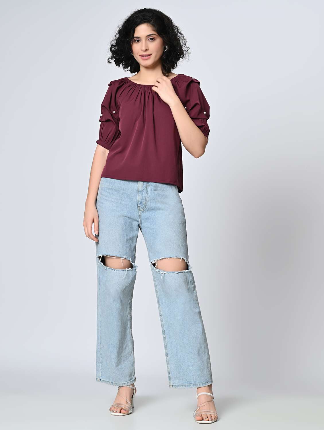 women solid puff sleeve regular top - 22082154 -  Standard Image - 5
