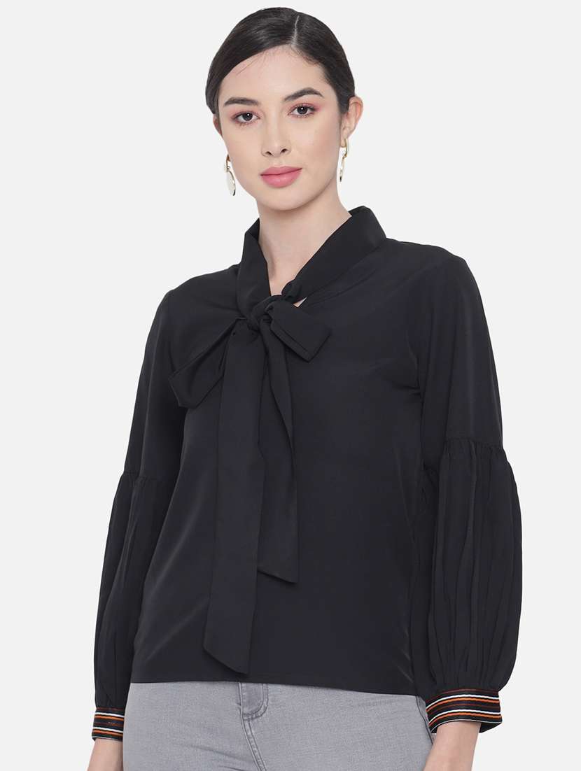 women solid tie up neck puff sleeve regular top - 22082163 - Zoom Image - 0