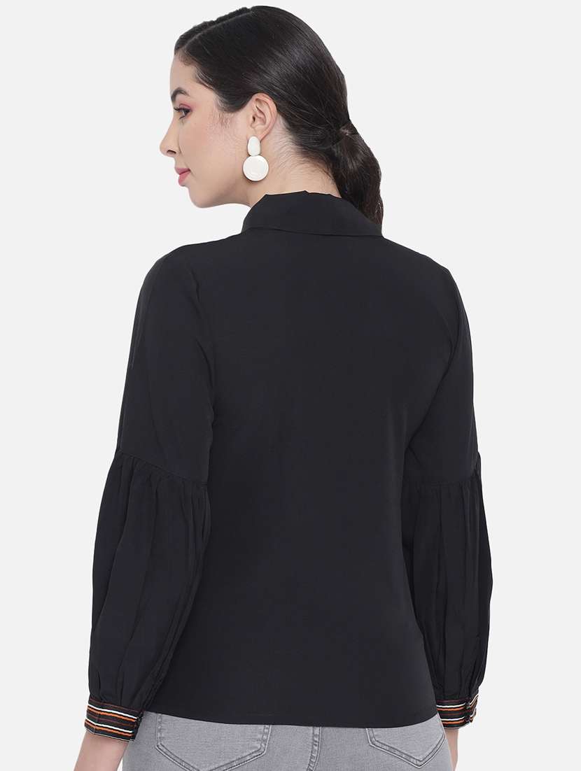women solid tie up neck puff sleeve regular top - 22082163 - Standard Image - 3