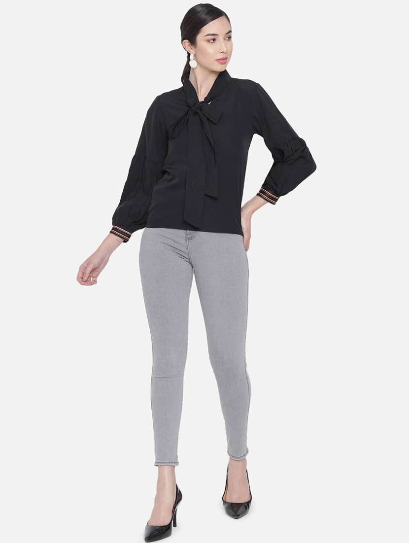 women solid tie up neck puff sleeve regular top - 22082163 - Standard Image - 5