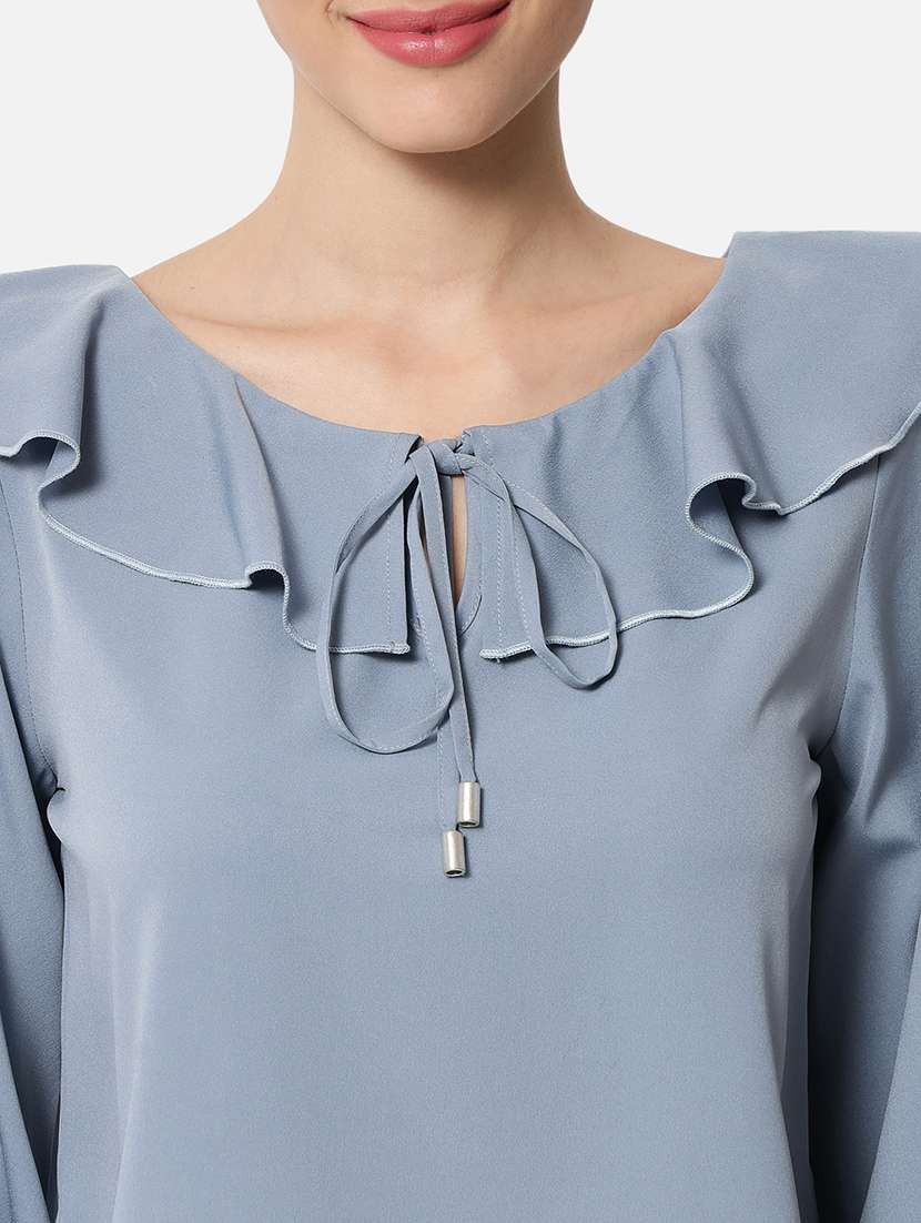 women solid tie-up neck ruffle detailed regular top - 22082171 -  Standard Image - 5