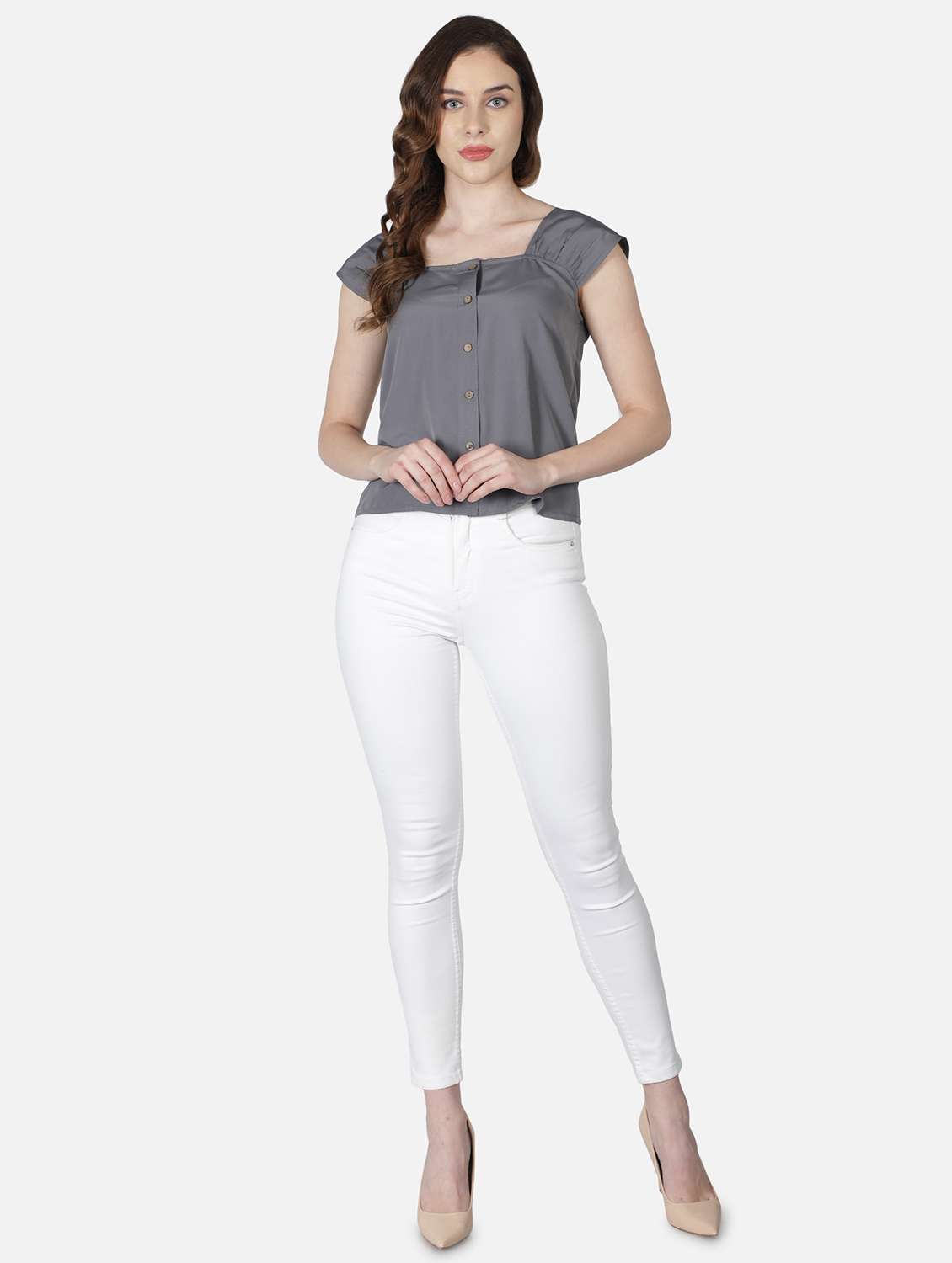 women solid cap sleeve regular top - 22082172 - Standard Image - 5