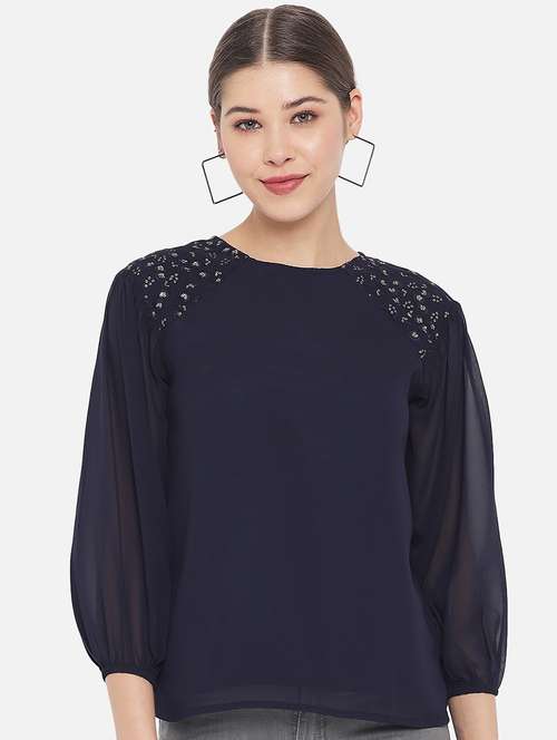 women solid puff sleeve regular top - 22082174 -  Standard Image - 0