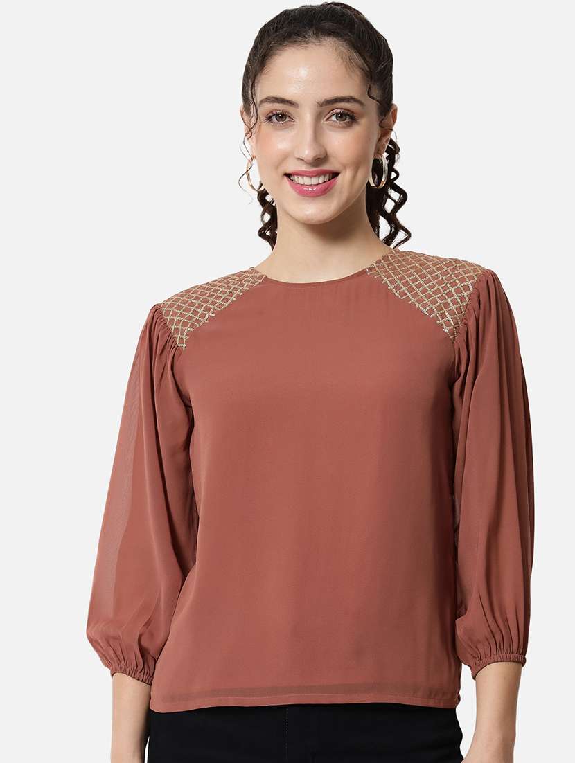 women solid puff sleeve regular top