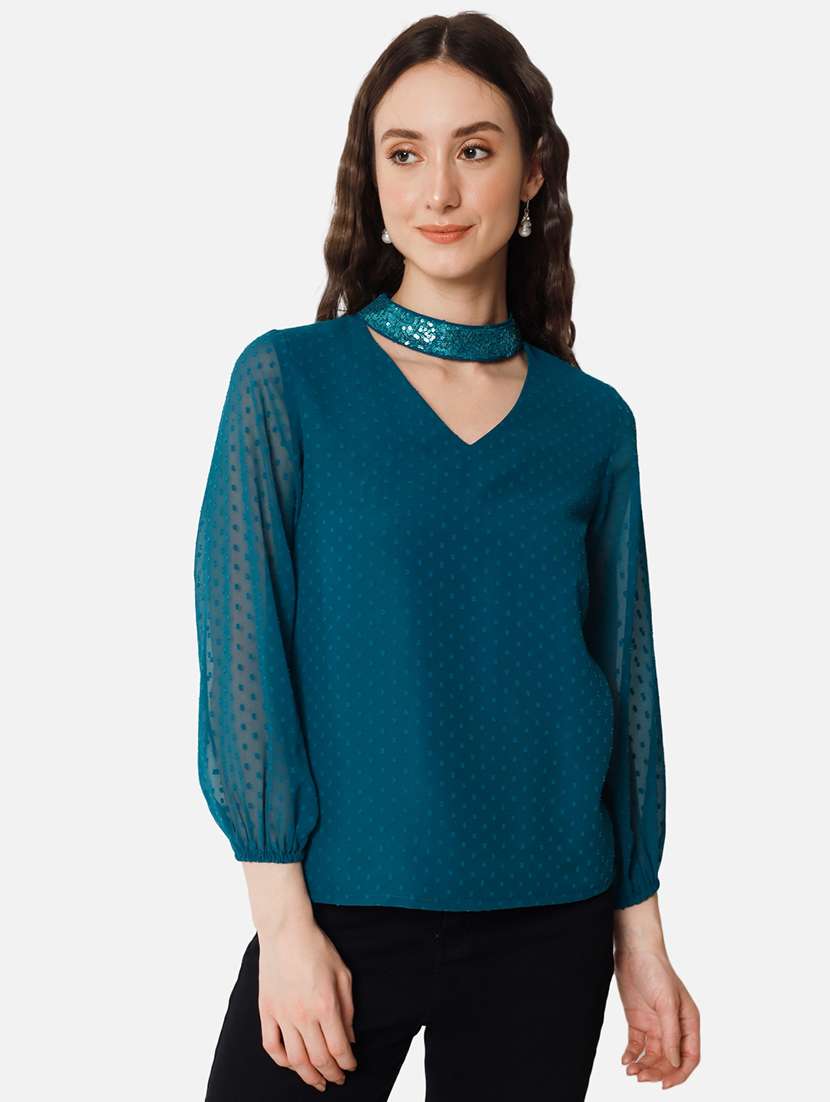 women teal choker neck puff sleeve regular top