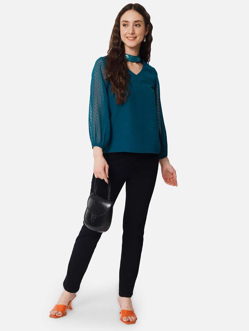 women teal choker neck puff sleeve regular top - 22082176 -  Standard Image - 5