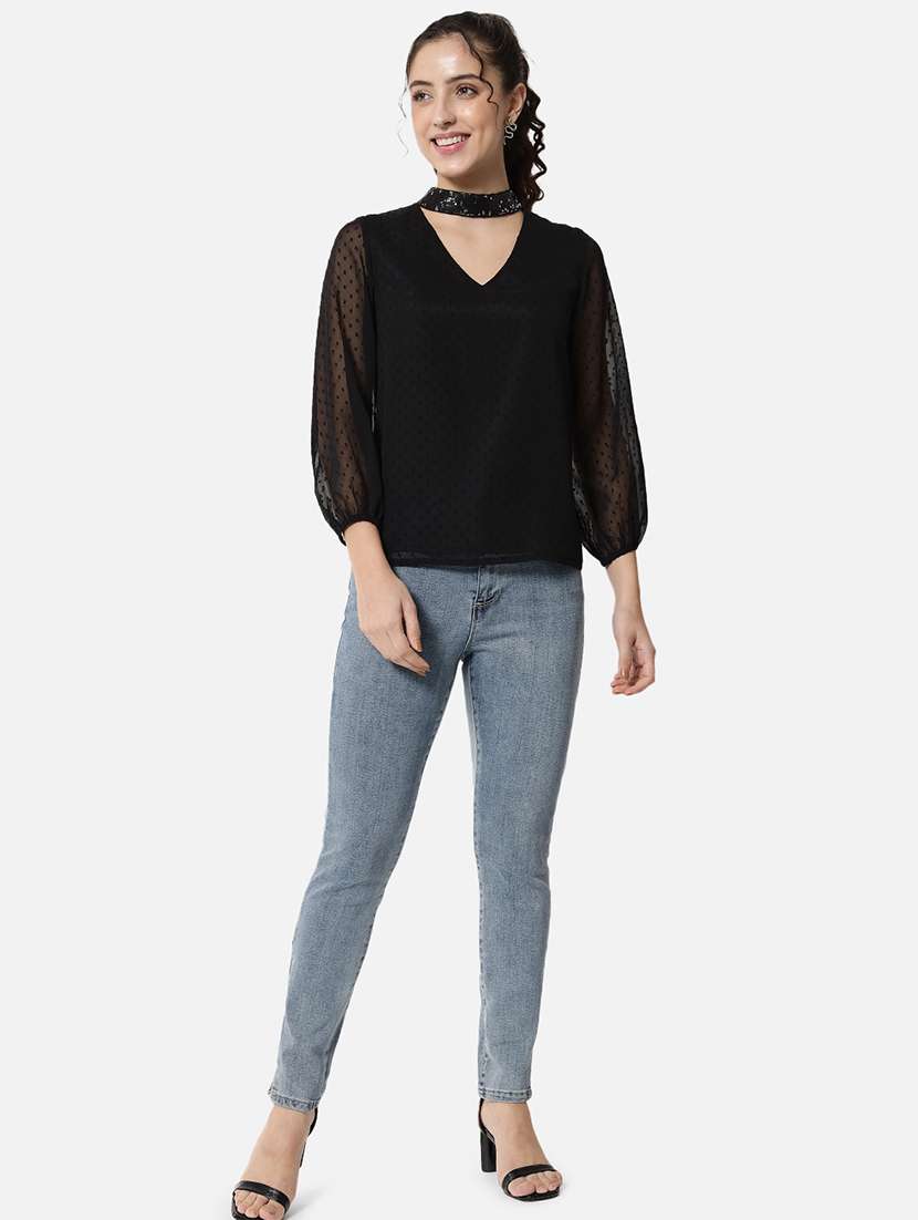 women black solid choker neck puff sleeve regular top - 22082177 - Standard Image - 5