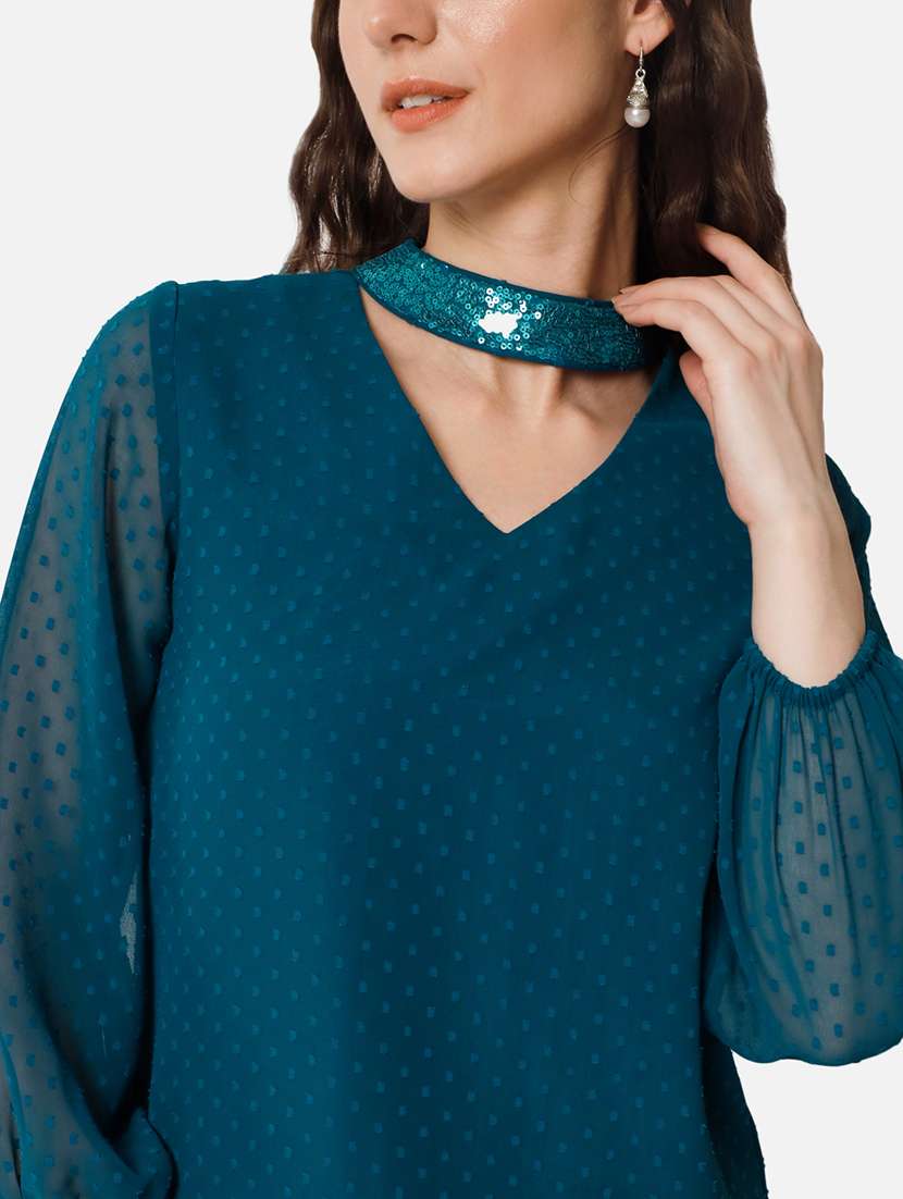 women solid choker neck puff sleeve regular top - 22082178 - Standard Image - 5