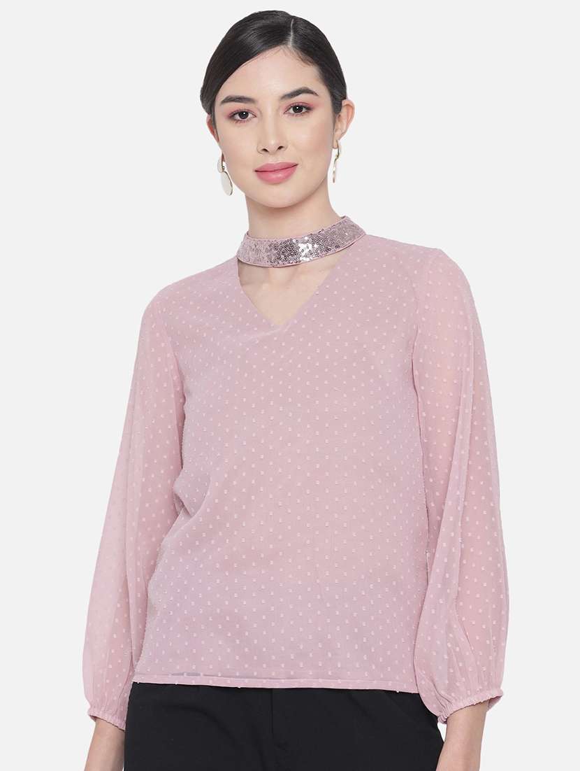 women solid choker neck puff sleeve regular top - 22082179 - Zoom Image - 0