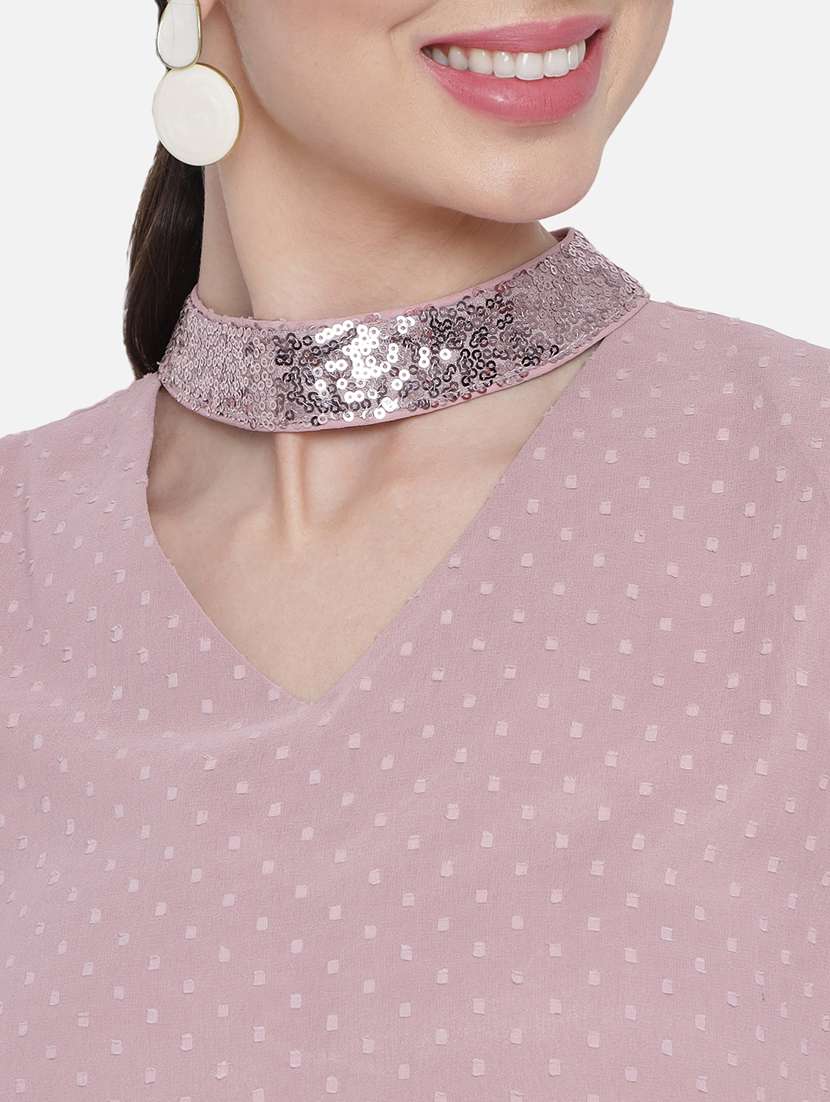 women solid choker neck puff sleeve regular top - 22082179 - Standard Image - 5