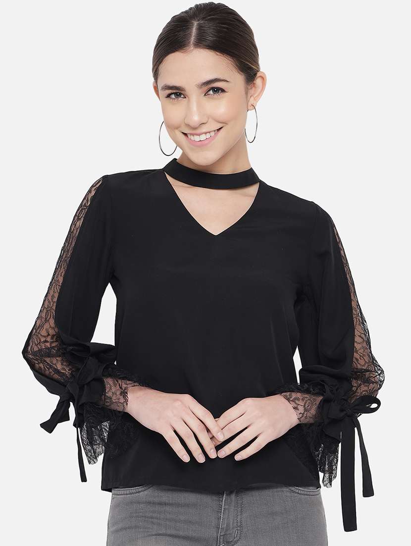 women solid choker neck long sleeve regular top