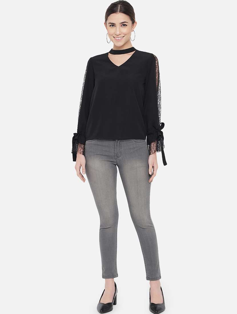 women solid choker neck long sleeve regular top - 22082180 -  Standard Image - 5