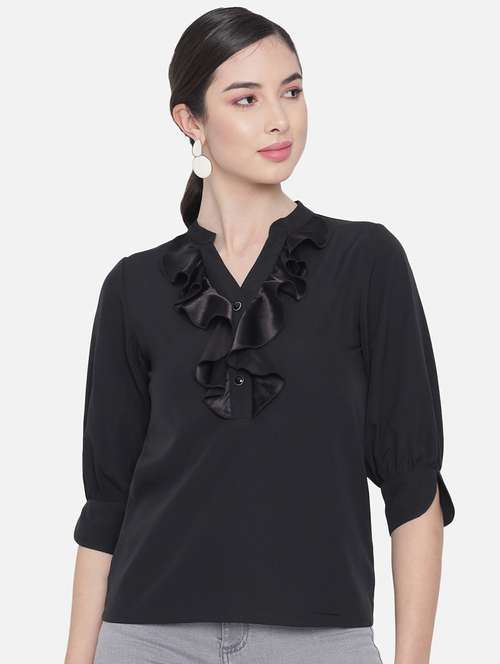women solid mandarin neck ruffle detailed regular top - 22082181 -  Standard Image - 0