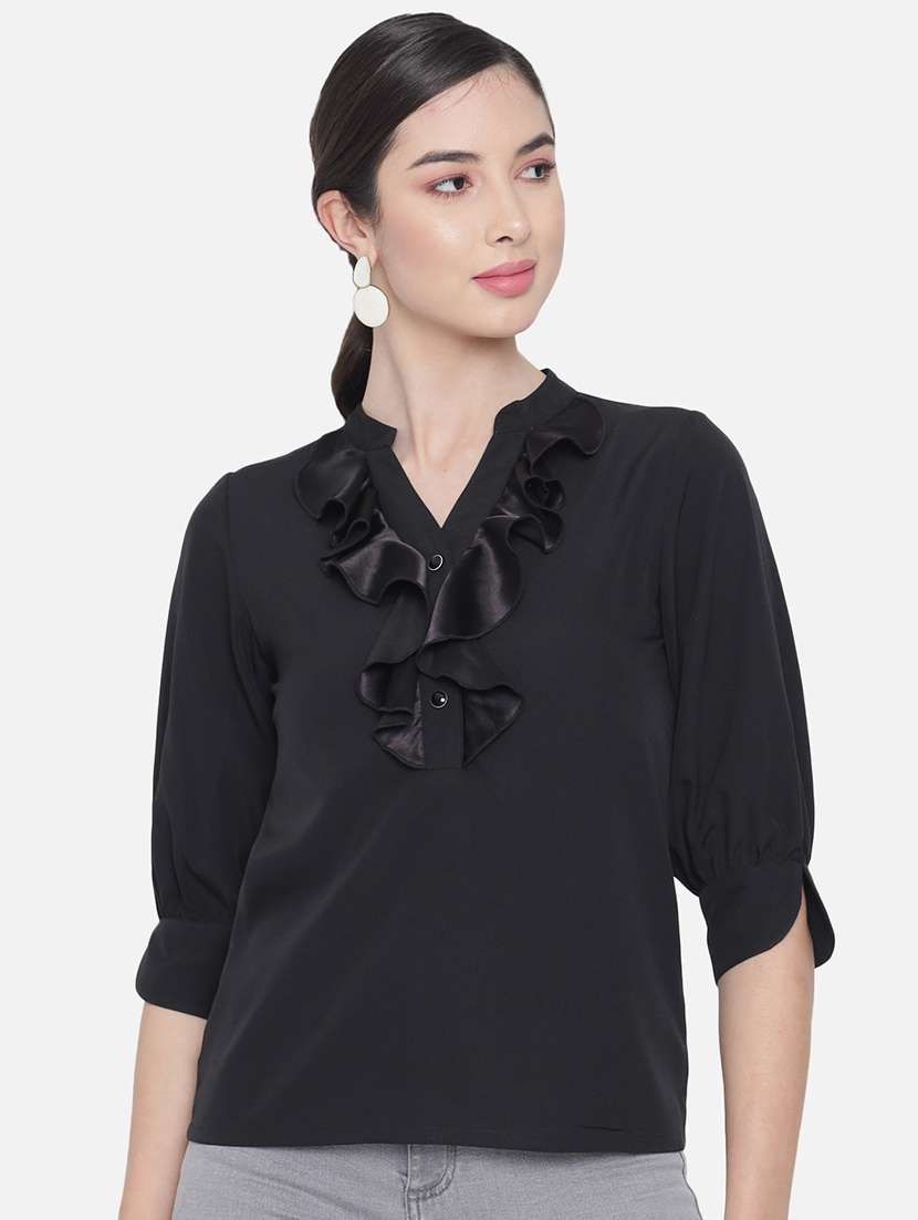 women solid mandarin neck ruffle detailed regular top - 22082181 -  Zoom Image - 0