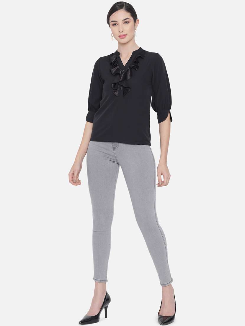 women solid mandarin neck ruffle detailed regular top - 22082181 -  Standard Image - 5