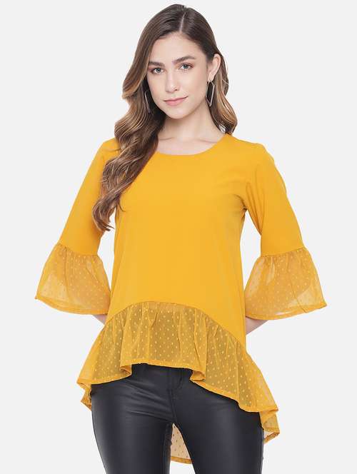 women solid bell sleeve high low top - 22082182 - Standard Image - 0