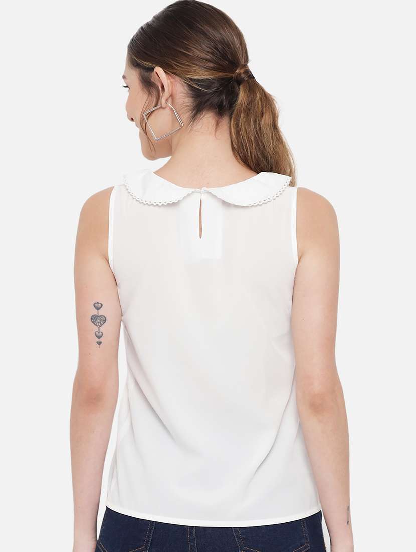 women white solid sleeveless peter pan neck regular top - 22082187 - Standard Image - 3