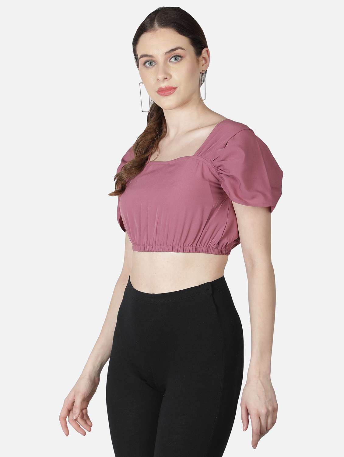 women pink solid puff sleeve crop top - 22082191 -  Standard Image - 3