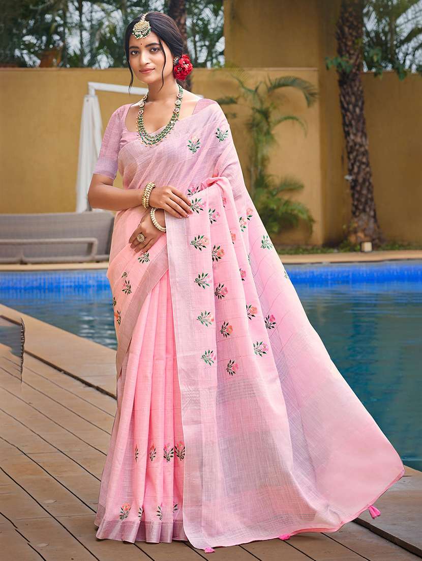 women solid with work embroidered saree with blouse