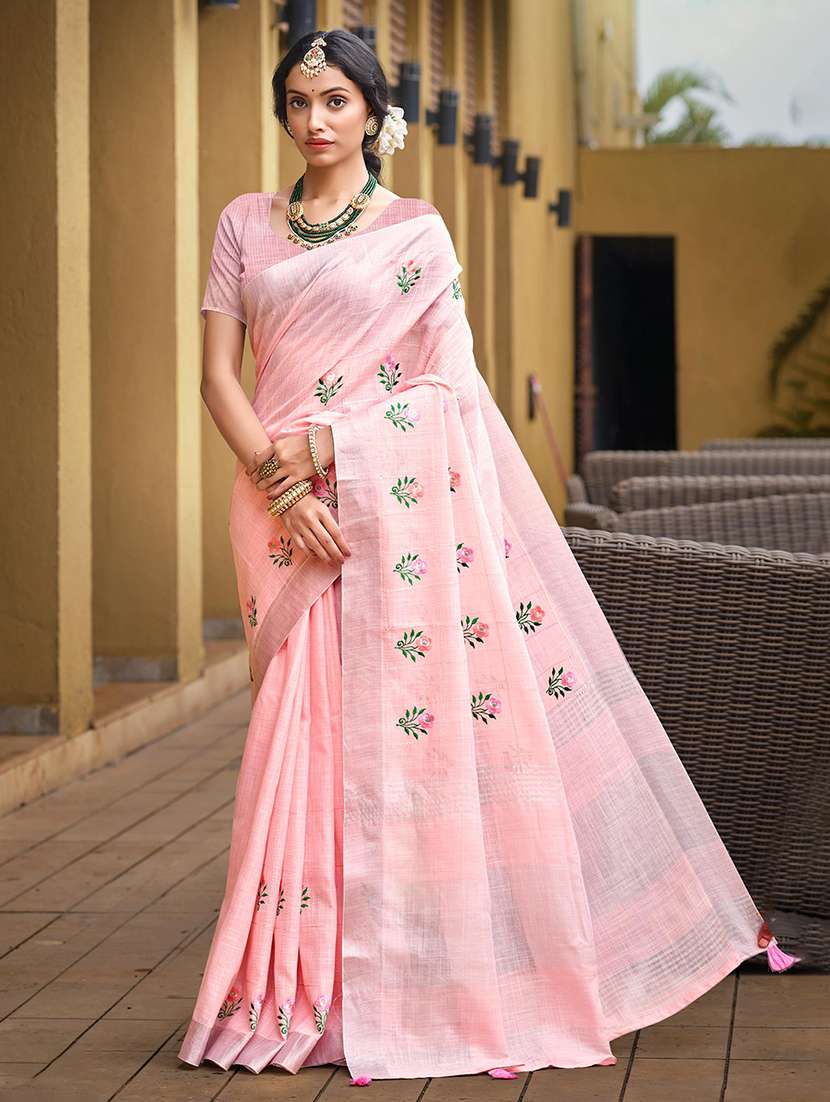 women solid with work embroidered saree with blouse