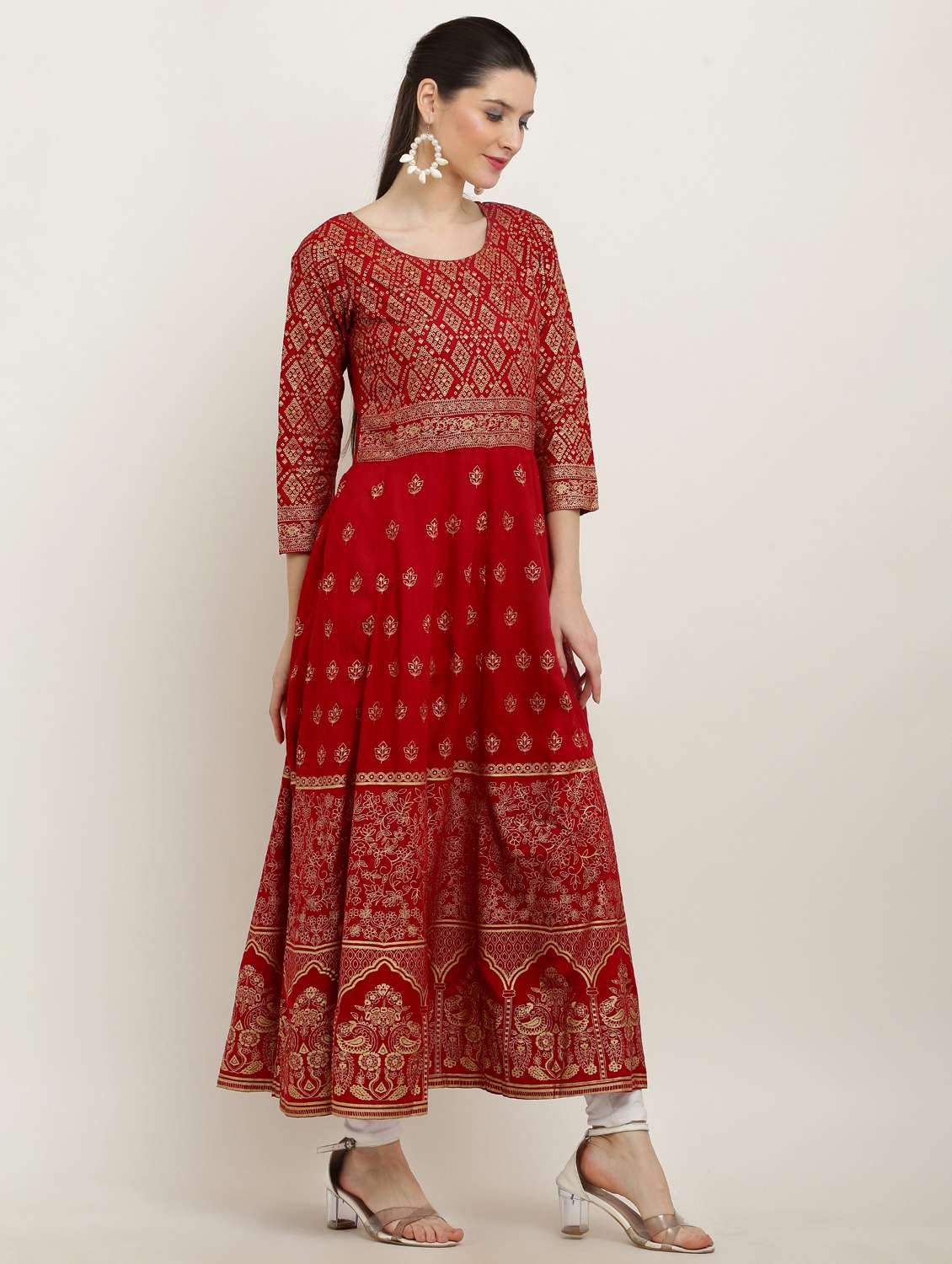 women foil printed three quarter sleeve anarkali kurta - 22082438 - Standard Image - 3