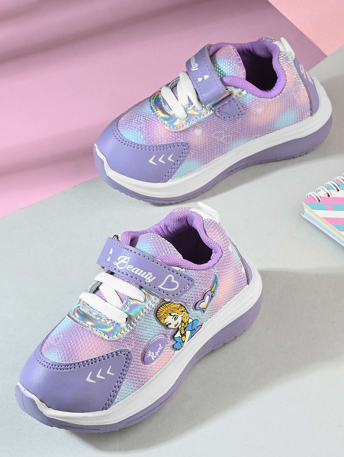kids lavender printed velcro sneaker