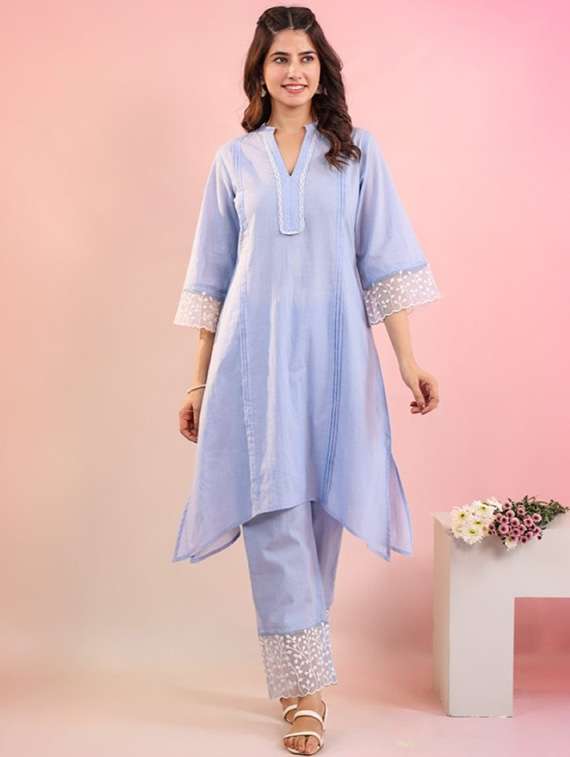 women solid three quarter sleeve kurta pant set - 22082473 -  Zoom Image - 0