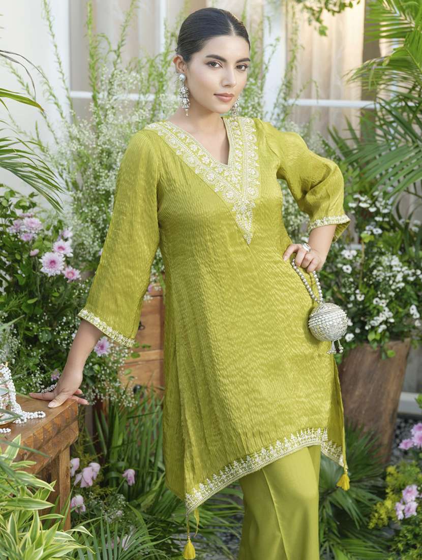 women solid three quarter sleeve kurta pant set - 22082474 - Standard Image - 3