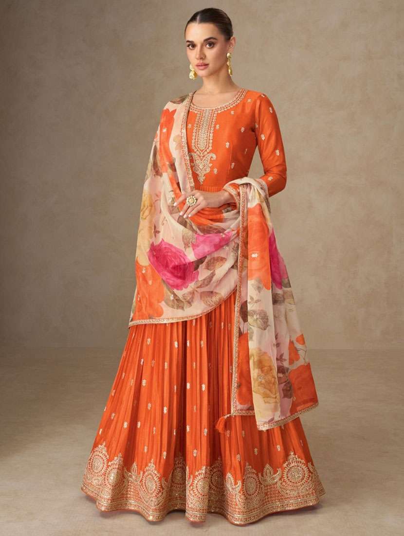 women embroidered long sleeve anarkali kurta dupatta set