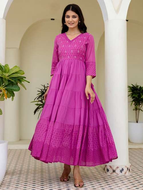 women printed three quarter sleeve tiered ethnic dress - 22082486 -  Standard Image - 0