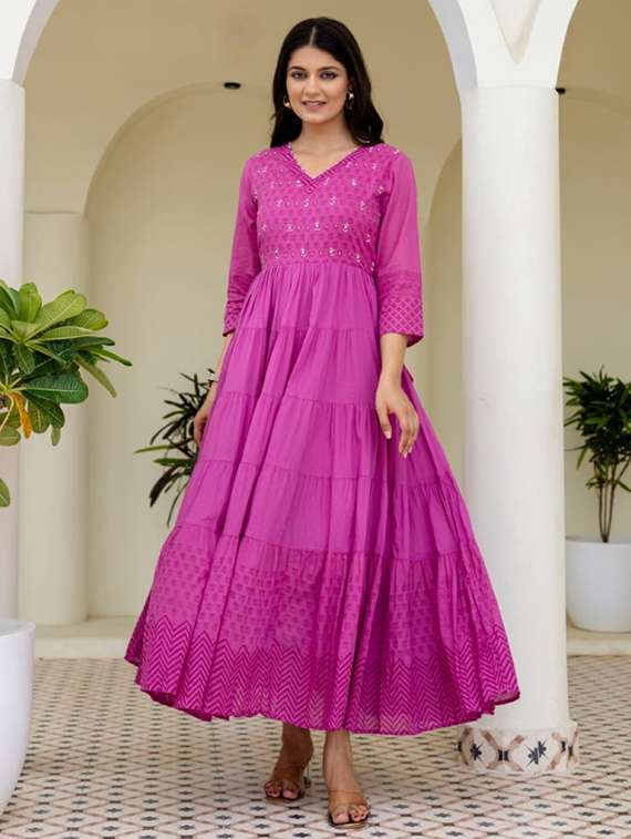 women printed three quarter sleeve tiered ethnic dress - 22082486 -  Zoom Image - 0