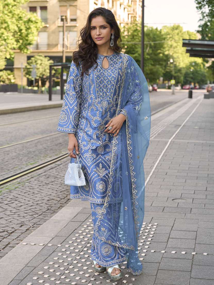 women embroidered long sleeve kurta palazzo with dupatta set - 22082495 -  Zoom Image - 0