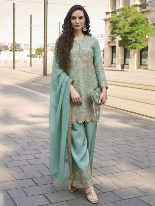 women embroidered long sleeve kurta palazzo with dupatta set - 22082496 -  Standard Image - 0